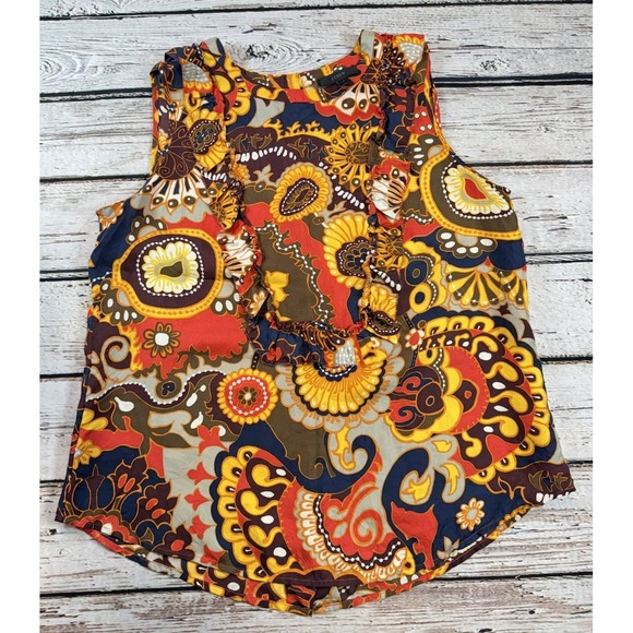 J Crew Darwin 100% Silk Button Back Sleeveless Top Size 8 Ruffle Floral‎ Paisley - Picture 3 of 6